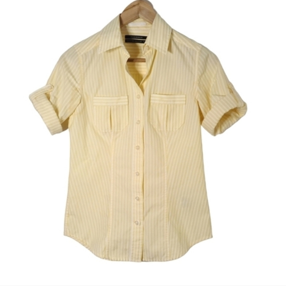Club Monaco Yellow and White 3/4-Sleeves Striped Cotton Shirt Women's Size XS